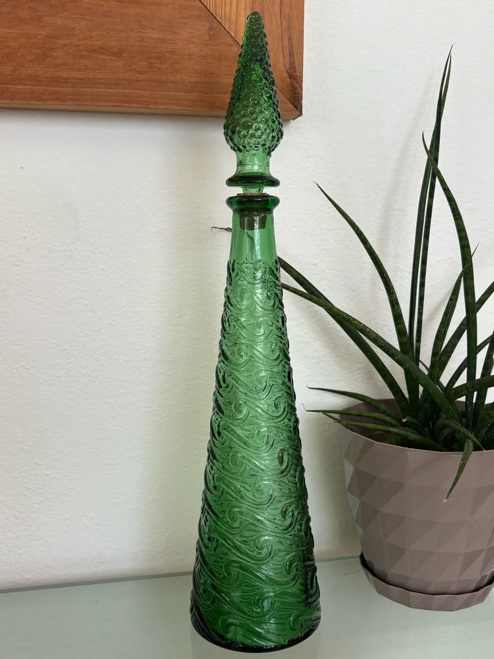 Vintage Tall Green Empoli Wave Pattern Glass Genie Bottle with Stopper